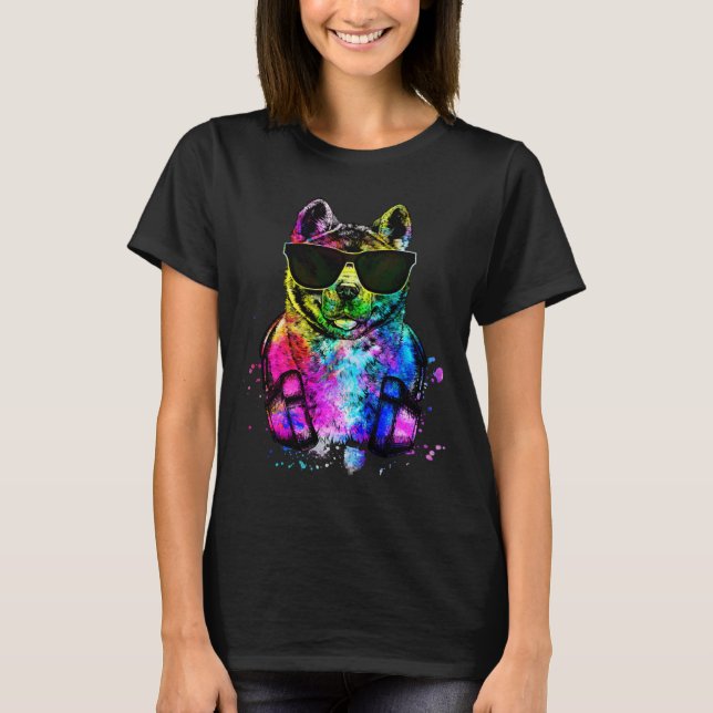 Retro Pop Akita Inu Hund Porträtt med hörlurar T Shirt (Framsida)
