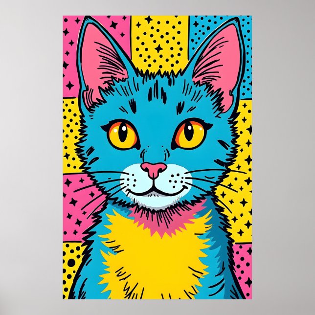 Retro Pop Art 80-talsstil Blå Katt Poster (Framsidan)