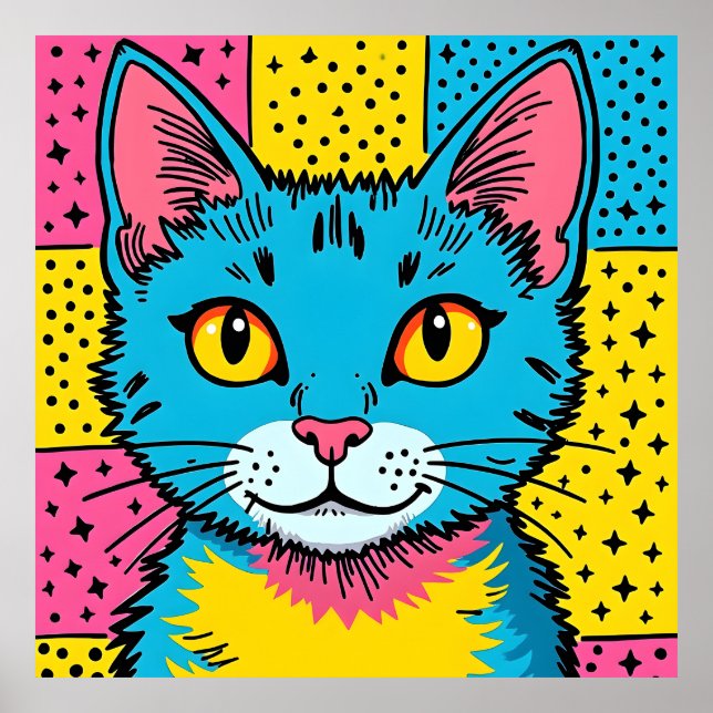 Retro Pop Art 80's Style Blue Cat Poster (Framsidan)