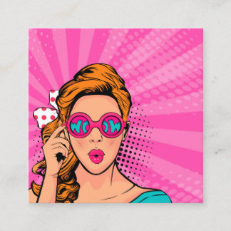 Retro Pop Art Blonde Dam Wow Rosa ID556 Fyrkantigt Visitkort