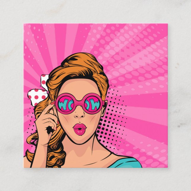 Retro Pop Art Blonde Dam Wow Rosa ID556 Fyrkantigt Visitkort (Framsida)