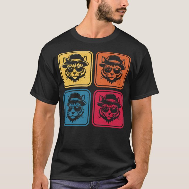 Retro Pop Art Cool Cat 4-panelers färgblock T Shirt (Framsida)