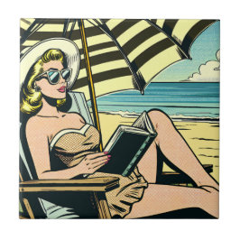 Retro Pop Art Dam på stranden Kakelplatta
