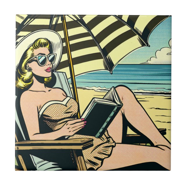 Retro Pop Art Dam på stranden Kakelplatta (Framsidan)