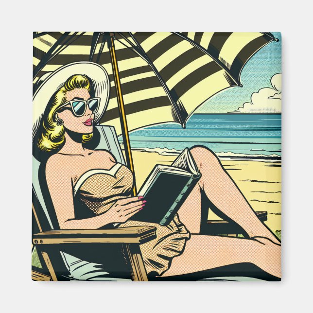 Retro Pop Art Dam på stranden Magnet (Framsidan)