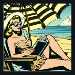 Retro Pop Art Dam på stranden Poster<br><div class="desc">Svart och gult popkonst tecknad bok stil ai konst som skildrar en kvinna som läser bok på stranden i solglasögon och bär solhatt under paraply.</div>
