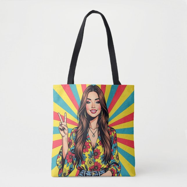 Retro Pop Art Dam som ger Fredstecken Tygkasse (Framsida)