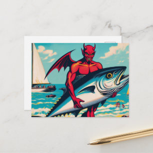 Retro Pop Art Djävul Med En Tonfisk på Stranden Vykort
