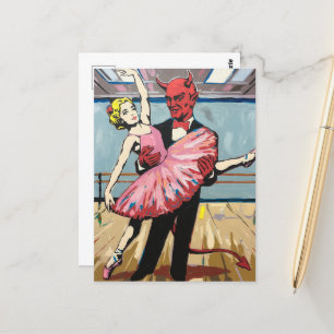 Retro Pop Art Djävulen med Ballet Dancer Vykort