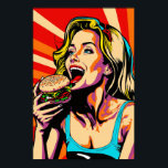 Retro Pop Art Girl Eating Burger Poster<br><div class="desc">Den här poster har en roligt, återinspirerad design som kombinerar inslag av popkonst och vintagens middag. Den centrala bilden består av en flicka som lyckligt muntrar på en juiceburgare omgiven av fet, färglös grafik. Den övergripande effekten är lekfull och du måste lägga till en liten bit stollig till vilket utrymme...</div>