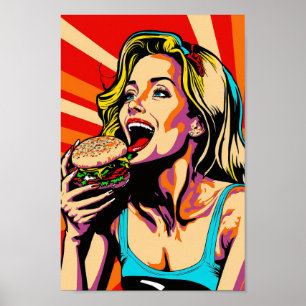Retro Pop Art Girl Eating Burger Poster