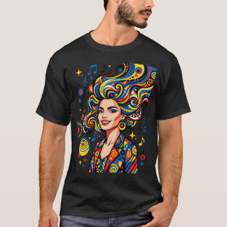 Retro Pop Art Kvinna med Musikalisk Frisyr - Färgr T Shirt