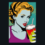 Retro Pop Art MilkskakGirl Poster<br><div class="desc">Det här har en lekfull, återinspirerad design som kombinerar inslag av popkonst och middag i vintage. Den centrala bilden består av en leende flicka som håller en lång, grå mjölkskaka, omgiven av fet, färglös grafik. Den övergripande effekten är roligt och du måste lägga till en liten bit stollig i vilket...</div>