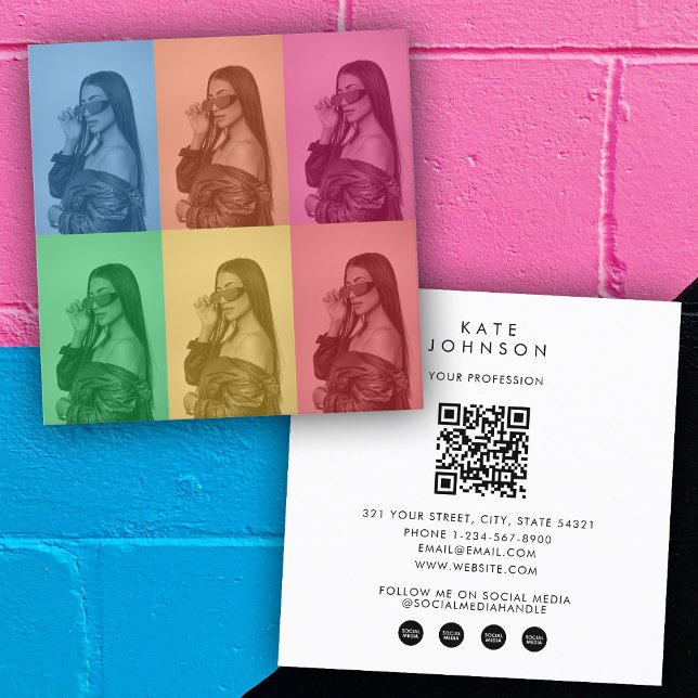 Retro Pop Art Modern Photo Grid Influencer Fyrkantigt Visitkort (Retro Pop Art Modern Photo Grid Influencer Square Business Card)