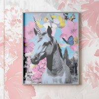 Retro Pop Art Rosa och Blue Unicorn Collage