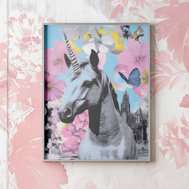 Retro Pop Art Rosa och Blue Unicorn Collage Poster (Elevate your décor with this standout piece, ideal for lovers of vintage flair.)