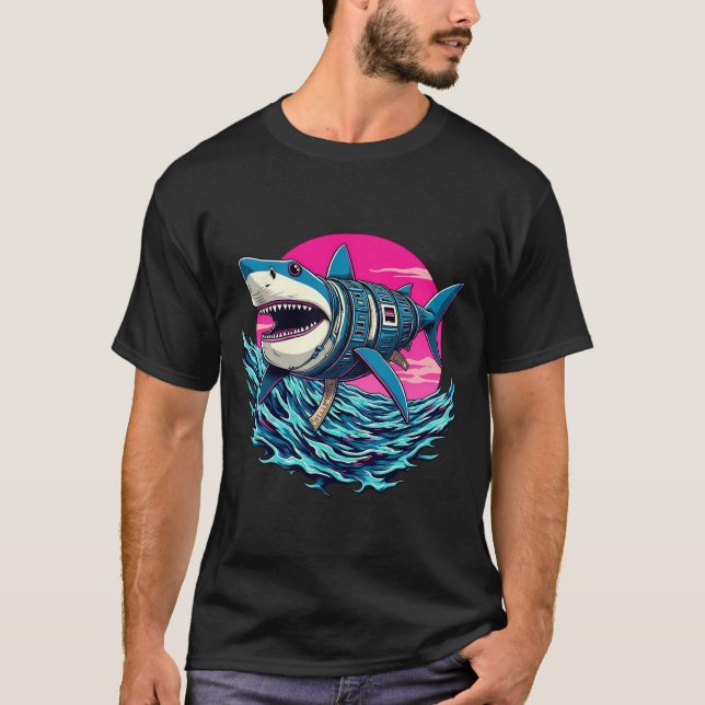 Retro Pop Art Shark & Vågar - Vibes i guldhavet T Shirt (Framsida)