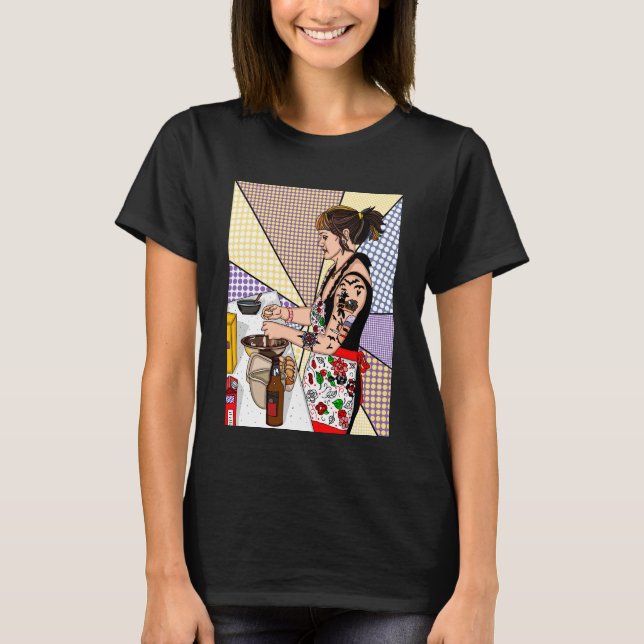 Retro Pop Art Tattoo Dam Baking in Kitchen T Shirt (Framsida)