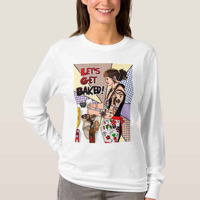 Retro Pop Art Tattoo Dam Baking in Kitchen T Shirt (Framsida)