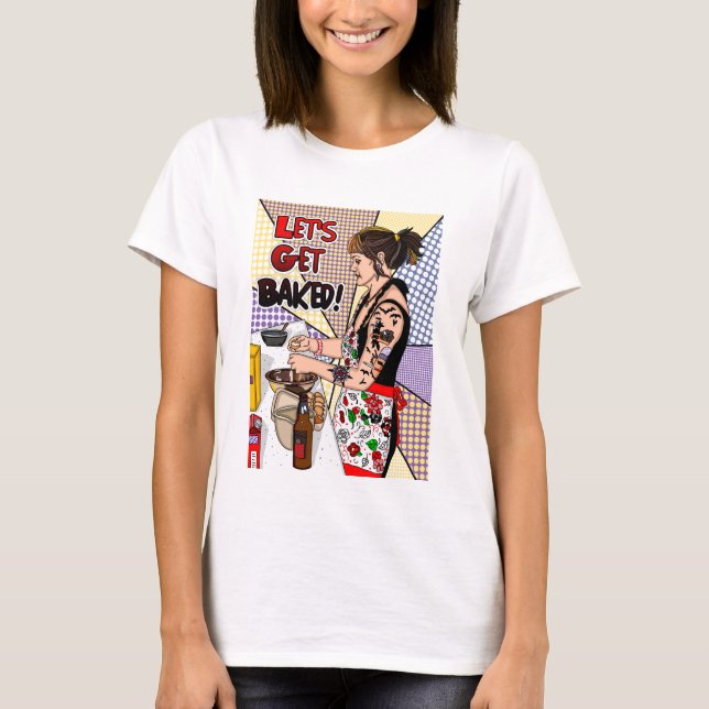 Retro Pop Art Tattoo Dam Baking in Kitchen T Shirt (Framsida)