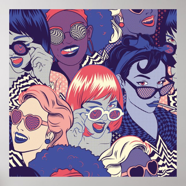 Retro Pop Art Tecknad Girls, sömlös Mönster. Backg Poster (Framsidan)