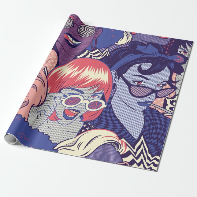Retro Pop Art Tecknad Girls, sömlös Mönster. Backg Presentpapper (Utrullad)