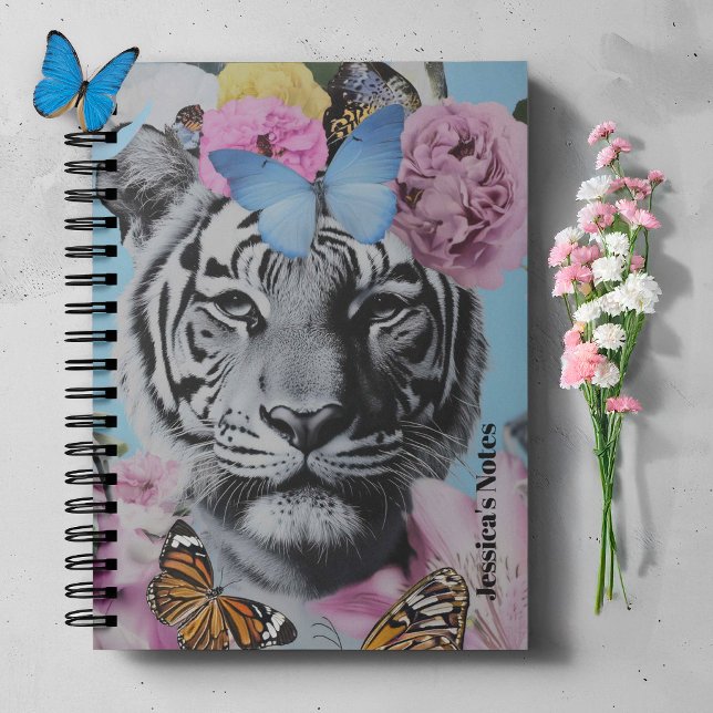 Retro Pop Art Tiger and Butterflies Collage Anteckningsbok (Elevate your style with this standout piece, ideal for lovers of vintage flair.)
