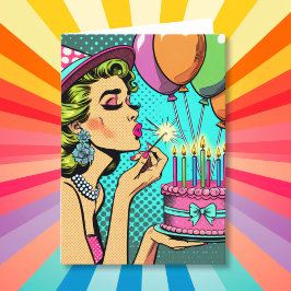 Retro Pop Art Woman Holding a Cake Grattis på föde Kort