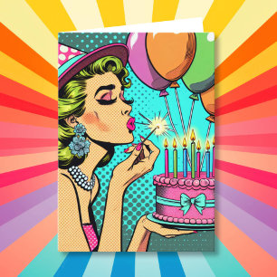 Retro Pop Art Woman Holding a Cake Grattis på föde Kort