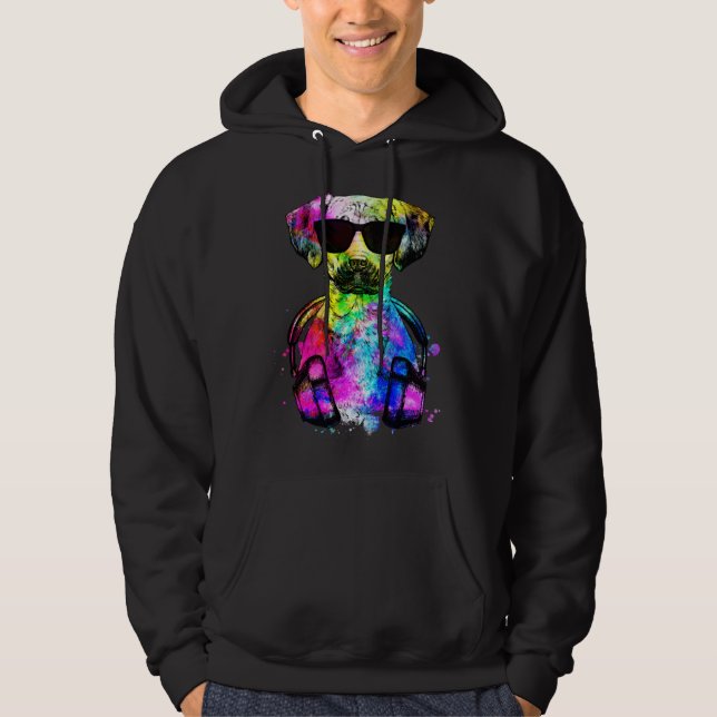 Retro Pop Black Mouth Cur Dog Portrait with Headph Hoodie (Framsida)