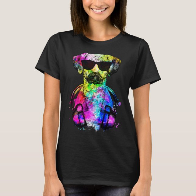 Retro Pop Black Mouth Cur Dog Portrait with Headph T Shirt (Framsida)