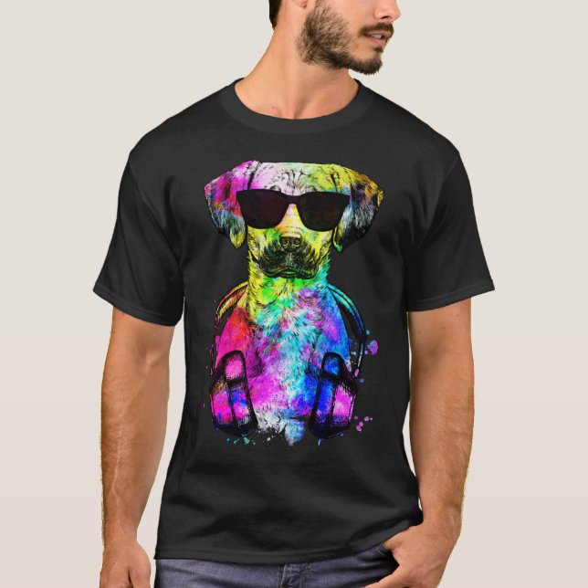 Retro Pop Black Mouth Cur Dog Portrait with Headph T Shirt (Framsida)
