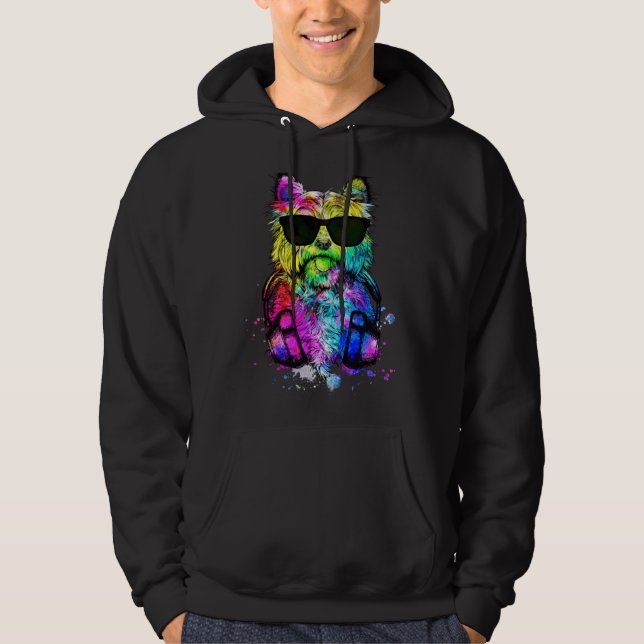 Retro Pop Cairn Terrier Dog Portrait with Headphon Hoodie (Framsida)