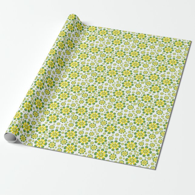 Retro Pop Flowers i gult och grönt Presentpapper (Utrullad)