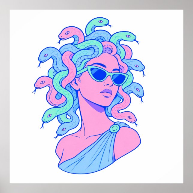 Retro‑Pop Medusa-illustration – Pastell solglasögo Poster (Framsidan)
