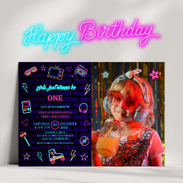 Retro Pop Neon Kids foto Birthday Bash Inbjudningar