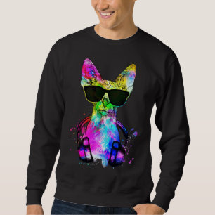 Retro Pop Sphynx Kattporträtt med Hörlurar Lång Ärmad Tröja