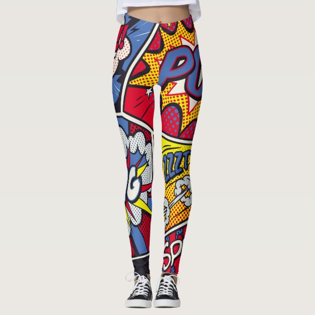 Retro pop, tecknad shout mönster. leggings (Framsida)