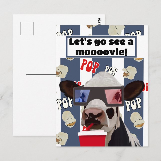 Retro Popcorn Loving Cow Movie Inbjudan vykort (Fram/baksida)