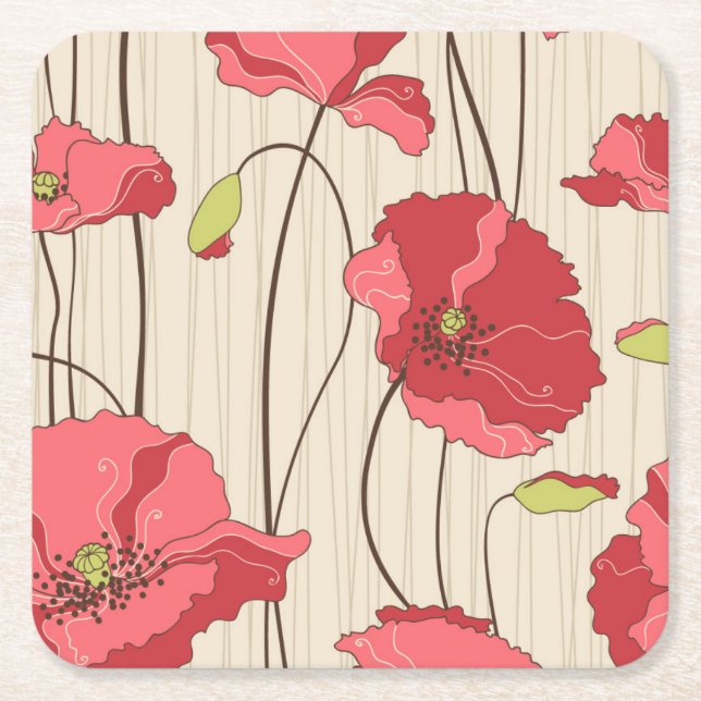 Retro Poppies Mönster Underlägg Papper Kvadrat (Framsidan)