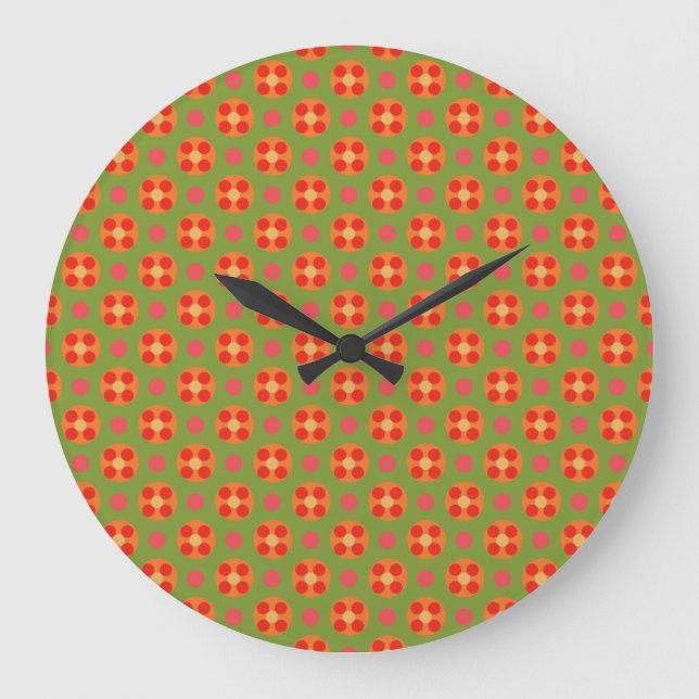 Retro Poppies och Polka dots Round Wall Clock Stor Klocka (Framsida)