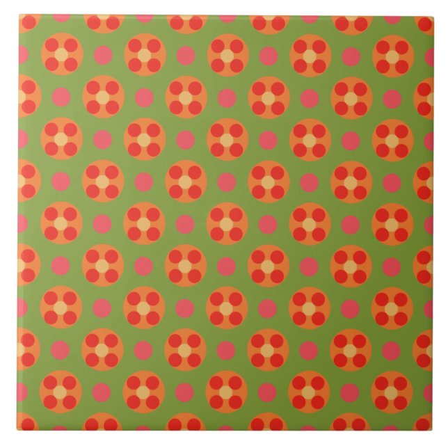 Retro Poppy Red Flowers och Polka dots på Grönten Kakelplatta (Framsidan)
