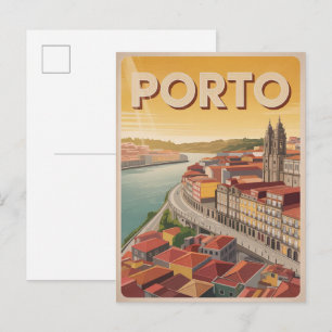 Retro Porto Stad Portugal resa horisont presenter Vykort