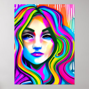 Retro Porträtt av en kvinna med Rainbow Hair Poster
