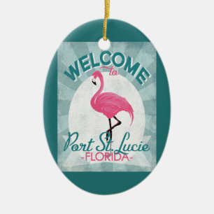 Retro portSt Lucie Florida rosa Flamingo Julgransprydnad Keramik