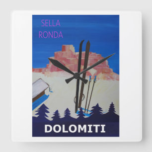 Retro Poster Dolomiti Italien på Sella Ronda Fyrkantig Klocka