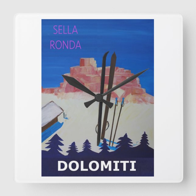 Retro Poster Dolomiti Italien på Sella Ronda Fyrkantig Klocka (Framsida)