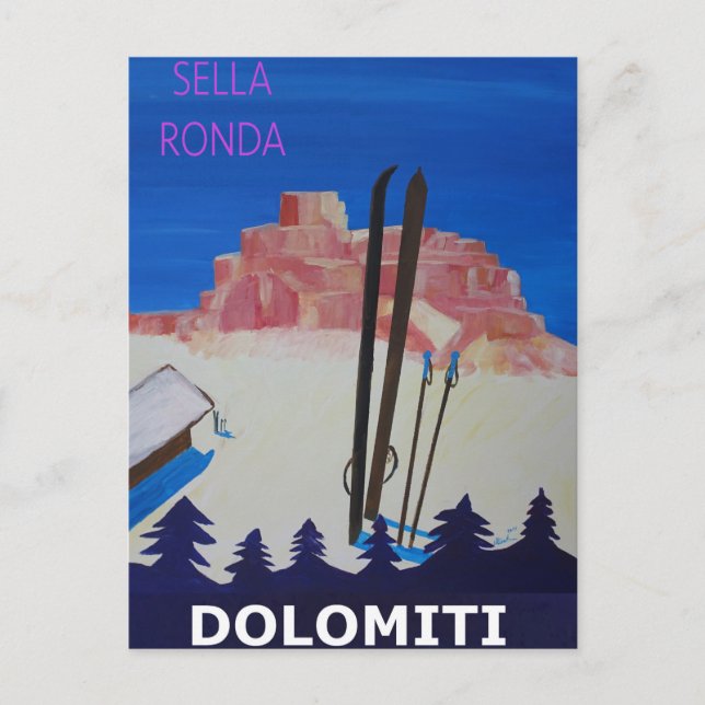 Retro Poster Dolomiti Italien på Sella Ronda Vykort (Framsida)