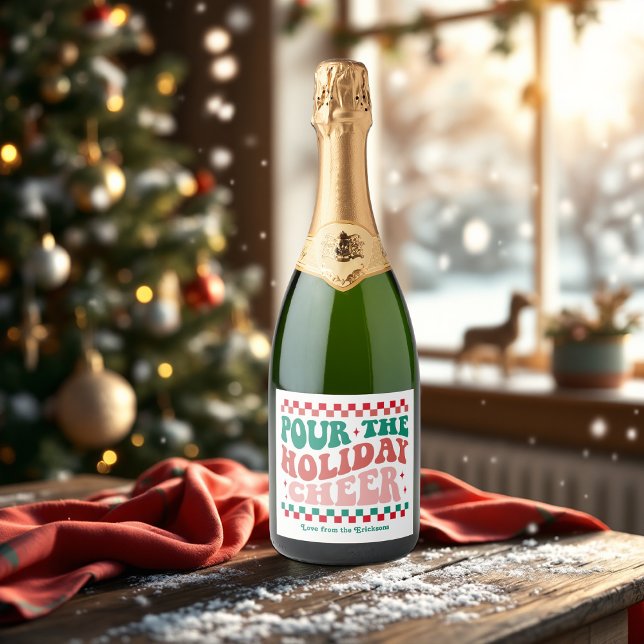 Retro "Pour the Helgdag Cheer" jul (Retro “Pour the Holiday Cheer” Christmas Sparkling Wine Label)