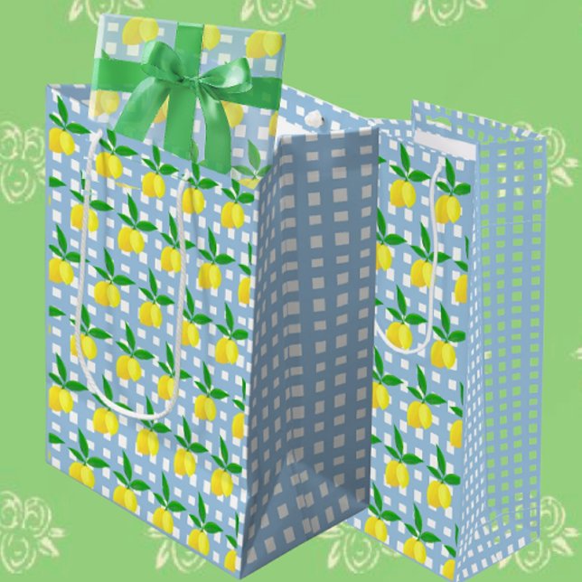 Retro Preppy Style Yellow Lemons Blue White Check (Lemony all occasion gift bags)